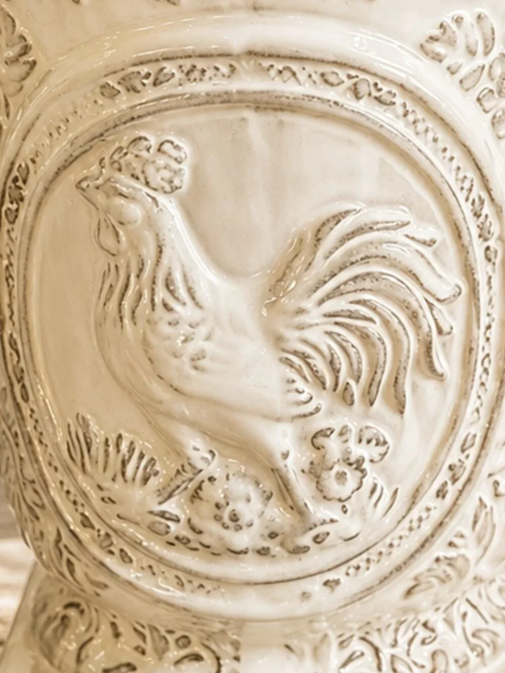Vintage Collectible Ceramic Embossed Rooster and Country Floral Pattern Planter